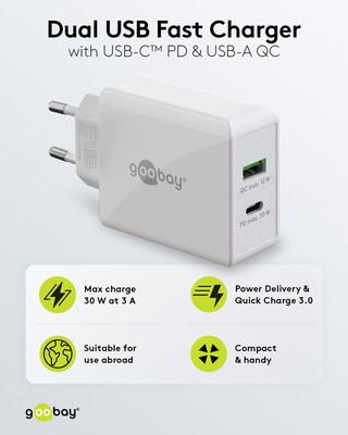 Nabíjačka USB 230V 2port, 1xUSB A, 1xUSB Typ C, 30W, Power Delivery, Quick Charge 3.0, biela §§