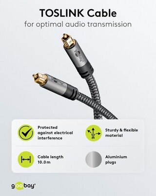 Kábel Toslink audio optický SPDIF prepojovací M/M 10m, ø6.5mm, pozl. konektor, čierny/sivý