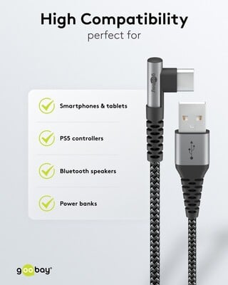 Kábel USB 2.0 Typ C AM/CM 1m, High Speed, Power Delivery 60w 20V3A, čierny/sivý, zahnutý 90°