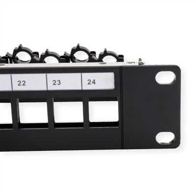 19" Patch panel 24port Keystone, tienený s uzemnením, celokovový, klipsové úchytky, 1U, čierny