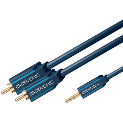 Kábel 3,5mm stereo/2xCinch M/M 3m, modrý, pozl. konektor, ClickTronic