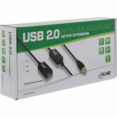 Kábel USB 2.0 A-A M/F 25m, High Speed, čierny, predlžovací, aktívny, pozl. kon.