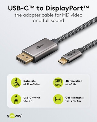 Kábel USB 3.1 Typ C na DisplayPort M/M 3m, gen.2, 4K@60Hz, čierny/sivý, oplet, pozl. konektor