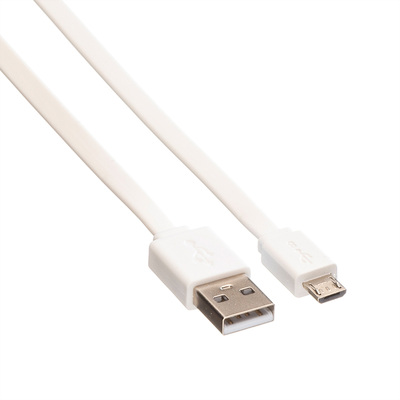 Kábel USB 2.0 A-MICRO-B M/M 1m, High Speed, biely, 100%meď, flexibilný, plochý, TPE plášť