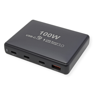 Nabíjačka USB 230V 4port, 1xUSB A, 3x USB Typ C, 100W, PD, QC 2.0, kábel (C7) 1.2m, čierna