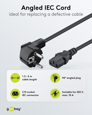 Kábel sieťový 230V, vidlica (CEE7/7) lomená - C13, 2m, 0.75mm², 10A, čierny