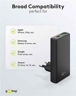 Nabíjačka USB 230V 2port, 1xUSB A, 1x USB Typ C, 65W, Power Delivery, Quick Charge 3.0, plochá, čier