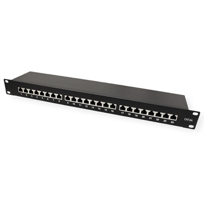 19" Patch panel 24port cat.6a, tienený s uzemnením, celokovový, 1U, čierny