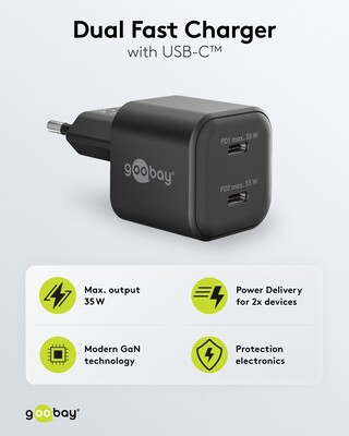 Nabíjačka USB 230V 2port, 2xUSB Typ C, 35W, Power Delivery, GaN, čierna