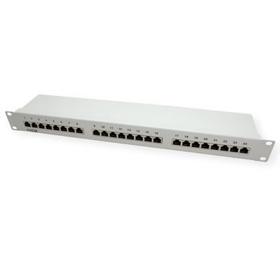 19" Patch panel 24port cat.5e, tienený s uzemnením, celokovový, 1U, sivý