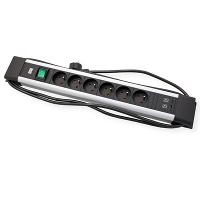 Predlžovačka CONNECTUS, 6xUTE 230V + USB nabíjačka (A+C), s vypínačom, 2m, 1.5mm², hliník, čierna