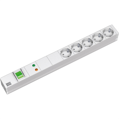 19" zásuv. lišta 5xSCHUKO, vidlica (CEE7/7), 16A, 3600W, prepäťová ochrana, vypínač, 2m, sivá