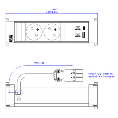 Power Frame 2xUTE 230V, nabíjačka (USB A + USB C), 0.2m kábel 1.5mm², GST18, biely