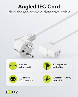 Kábel sieťový 230V, vidlica (CEE7/7) lomená - C13 zahnutý (doľava), 1.5m, 0.75mm², 10A, biely