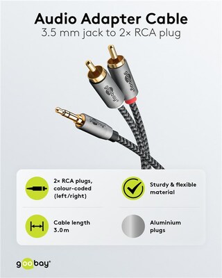 Kábel 3,5mm stereo/2xCinch M/M 3m, čierny/sivý, pozl. konektor