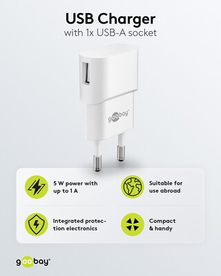 Nabíjačka USB 230V 1port, 1xUSB A, 1A, 5W, biela