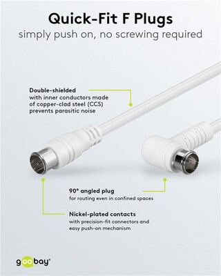 Kábel satelitný, koax F-konektor QUICK M/M 3.5m, 75 Ohm, 80dB, 2x tienený, CCS, biely, 1x90°