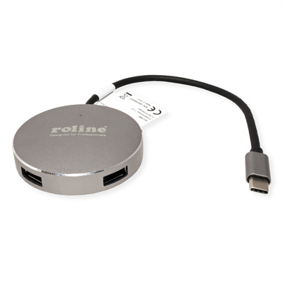 Hub USB 3.2 Gen.1 Typ C, 4 Port, 4x USB A Port, okrúhly, USB micro napájanie, 14cm, sivá a čierna
