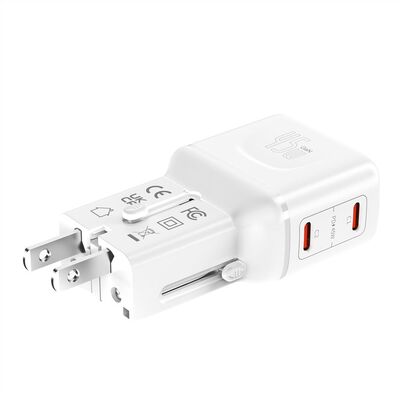 Nabíjačka USB 230V 2port, EU/UK/US, 2xUSB Typ C, 45W, PD, QC 3.0, cestovná/skladacia/vrecková, biela
