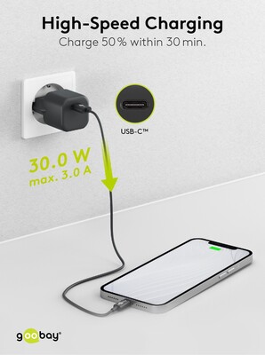 Nabíjačka USB 230V 1port, 1xUSB Typ C, 30W, Power Delivery, Fast Charge, Nano, čierna