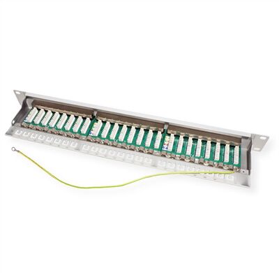 19" Patch panel 24port cat.6a, tienený s uzemnením, celokovový, 1U, sivý