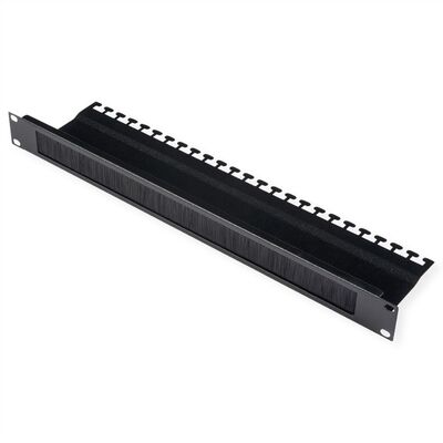 19" Panel vyväzovací, organizér, prechodka s kefkami a podperou, 1U, kovový, čierny