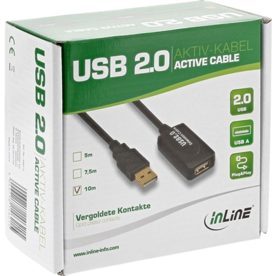 Kábel USB 2.0 A-A M/F 10m, High Speed, čierny, predlžovací, aktívny, pozl. kon.