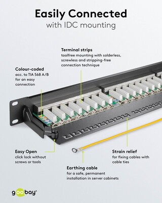 19" Patch panel 24port cat.6a, tienený s uzemnením, celokovový, 1U, čierny