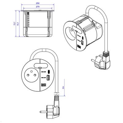 LOOP IN CHARGE Káblová prechodka 80mm, 1xUTE 230V, nabíjačka (USB A + USB C), 0.2m GST 1.5mm² biely