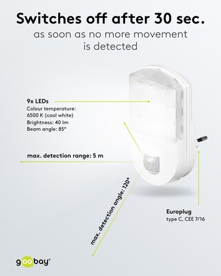 Svetlo LED so senzorom, do zásuvky 1.1W/67lm (IP20), detekcia: 120°, 9m dosah, studená biela