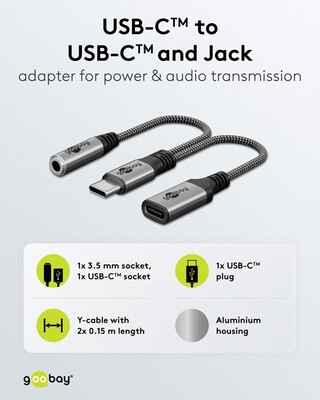 Adaptér USB 3.1 Typ C / 3.5mm (slúchadlá) + USB Typ C (PD 60W), 15cm, sivý/čierny