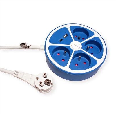 Predlžovačka 3m s 4 zásuvkami, s vypínačom, 1.50mm², USB nabíjačka A+C, modrá/biela