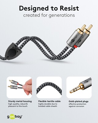 Kábel 3.5mm stereo/2xCinch M/M 2m, čierny/sivý, pozl. konektor