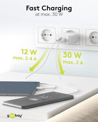 Nabíjačka USB 230V 2port, 1xUSB A, 1xUSB Typ C, 30W, Power Delivery, Quick Charge 3.0, biela §§