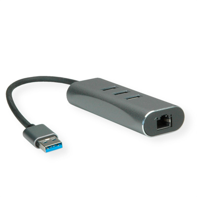 Adaptér USB 3.2 Gen 1 na RJ45 (Gigabit Ethernet), Hub 3x USB 3.2 A, 10cm, strieborný