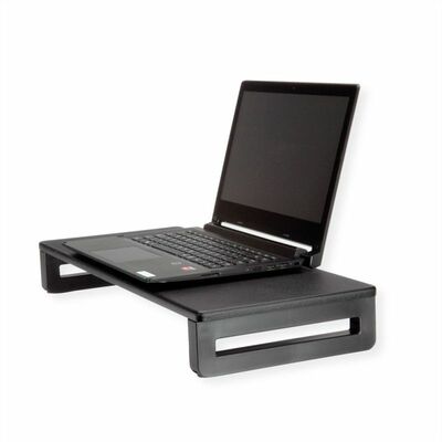 Stojan/podstavec na notebook/monitor, výškovo nastaviteľný, čierny, drevený