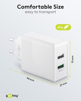 Nabíjačka USB 230V 2port, 2xUSB A, 28W, Quick Charge 3.0, biela