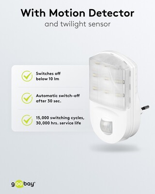 Svetlo LED so senzorom, do zásuvky 1.1W/67lm (IP20), detekcia: 120°, 9m dosah, studená biela