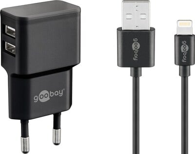 Nabíjačka USB 230V 2port, 2xUSB A, 2.4A, 12W, kábel USB AM/lightning 1m v balení, čierna