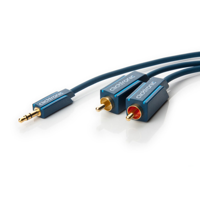 Kábel 3,5mm stereo/2xCinch M/M 5m, modrý, pozl. konektor, ClickTronic