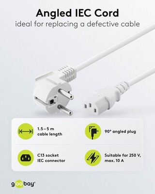 Kábel sieťový 230V, vidlica (CEE7/7) lomená - C13, 2m, 0.75mm², 10A, biely