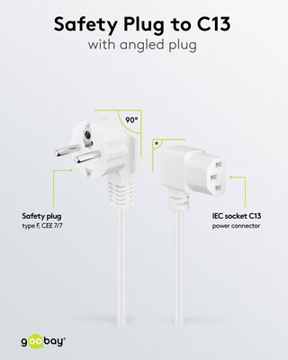 Kábel sieťový 230V, vidlica (CEE7/7) lomená - C13 zahnutý (doprava), 3m, 1.00mm², 10A, biely