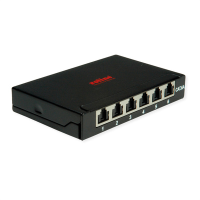 Patch panel 8port cat.6a, tienený s uzemnením, celokovový, montáž na stenu, 0.5U, čierny