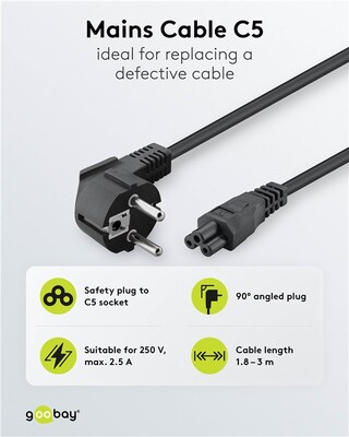 Kábel sieťový 230V pre notebook, vidlica (CEE7/7) lomená - C5, 1.8m, 0.75mm², 2.5A, čierny