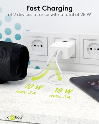 Nabíjačka USB 230V 2port, 2xUSB A, 28W, Quick Charge 3.0, biela