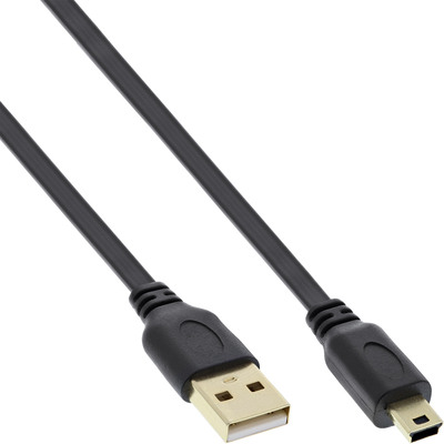 Kábel USB 2.0 A-MINI-B 5pin M/M 2m, High Speed, čierny, plochý