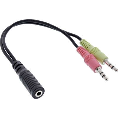 Kábel 3,5mm 4pin audio jack/2x3,5mm stereo F/M, 15cm slúchadlo+mikrofón, OMTP, čierny