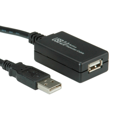 Kábel USB 2.0 A-A M/F 12m, High Speed, predlžovací, čierny, aktívny