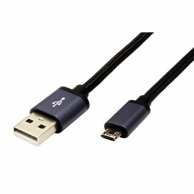 Kábel USB 2.0 A/MICRO-B M/M 1.8m, High Speed, čierny, kovové krytky, plochý, REVERSIBLE