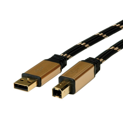 Kábel USB 2.0 A-B M/M 1.8m, High Speed, čierny/zlatý, Gold, pozl. kon.